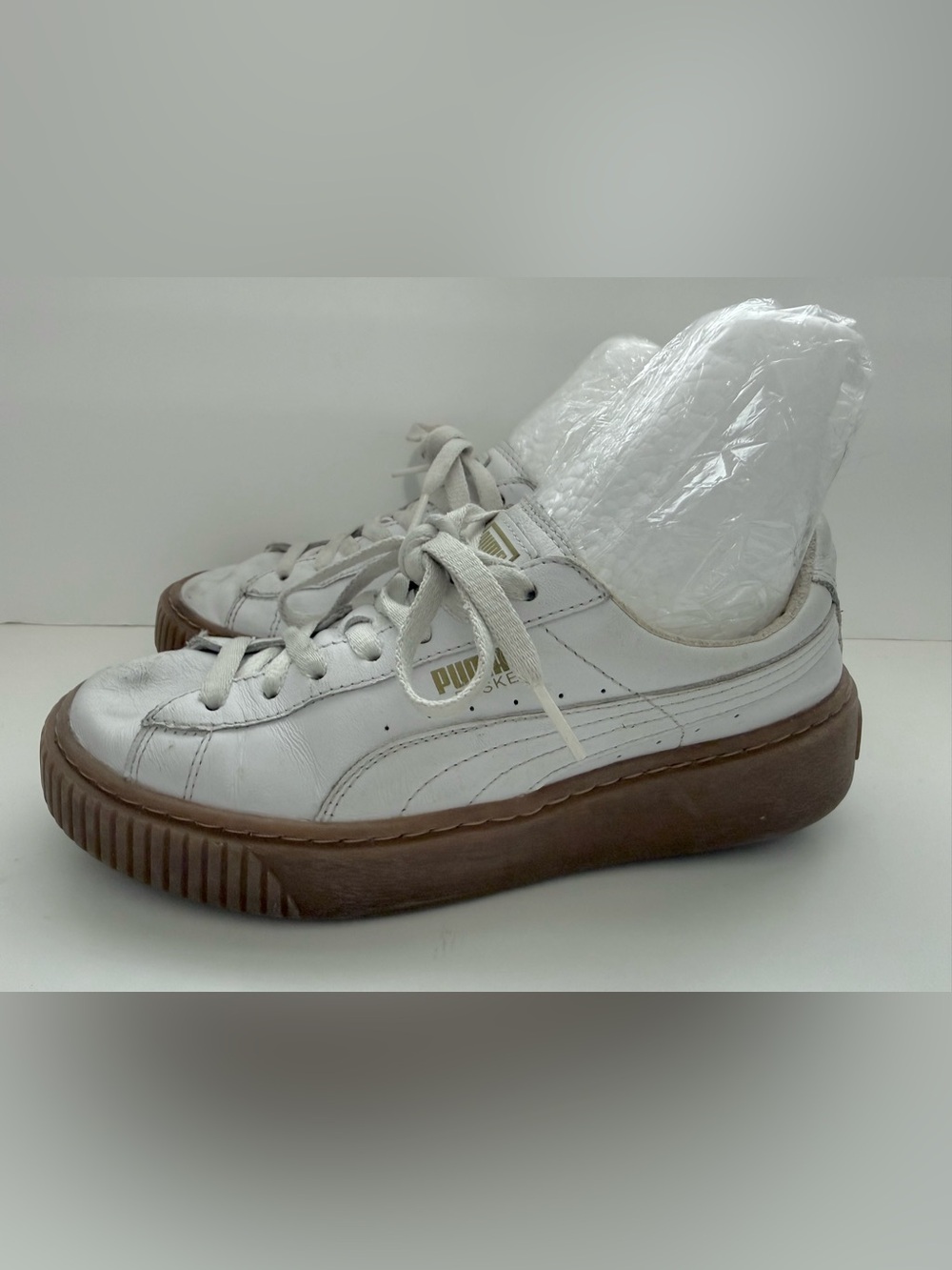 Puma White Leather Low-Top Sneaker with Brown Gum Platform - Picture 3 of 14